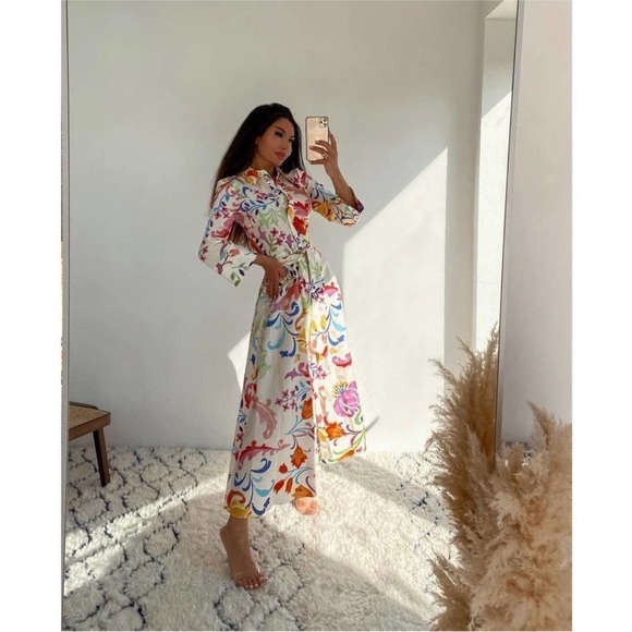 Zara white cotton poplin shirt dress colorful pattern tie waist midi size XS - Picture 4 of 7